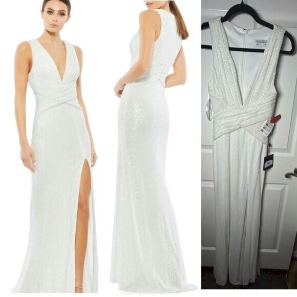 Mac Duggal White Sequin Maxi Dress Gown Size 0 New with Tags NWT - Picture 1 of 16